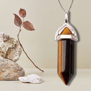 Natural Healing Stone Tiger Eye Pendant Sterling Silver Plated Necklace